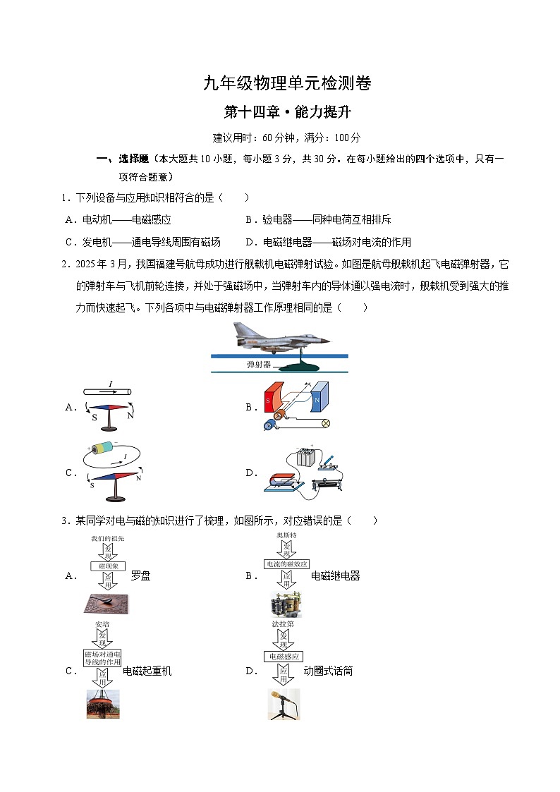 第十四章 电与磁(单元测试·提升卷)(考试版A4)第1页