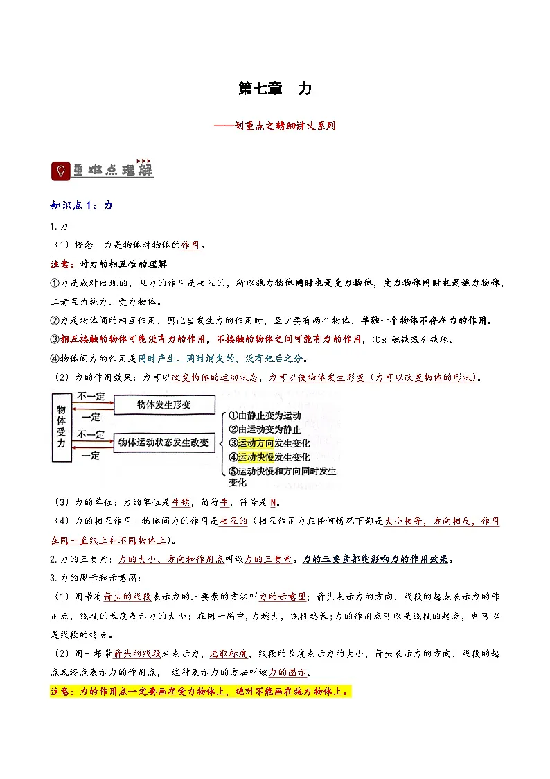 2026届中考物理一轮复习精讲精练专题7 力(原卷版)第1页