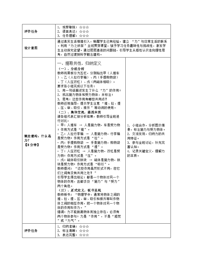 《第七章 物体间的相互作用:1 力》教学设计(表格版)-2025-2026学年北师大版(北京)(2024)物理八年级全一册第3页
