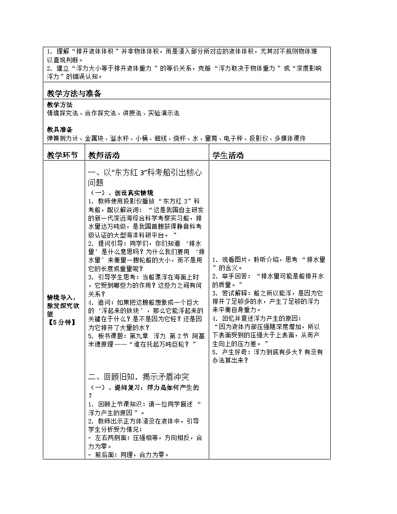 《第九章 浮力:2 阿基米德原理》教学设计(表格版)-2025-2026学年北师大版(北京)(2024)物理八年级全一册第2页