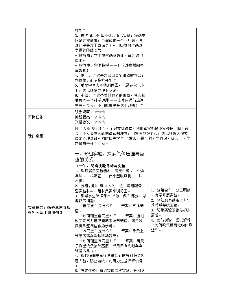 《第八章 压强:4 流体压强与流速的关系》教学设计(表格版)-2025-2026学年北师大版(北京)(2024)物理八年级全一册第3页