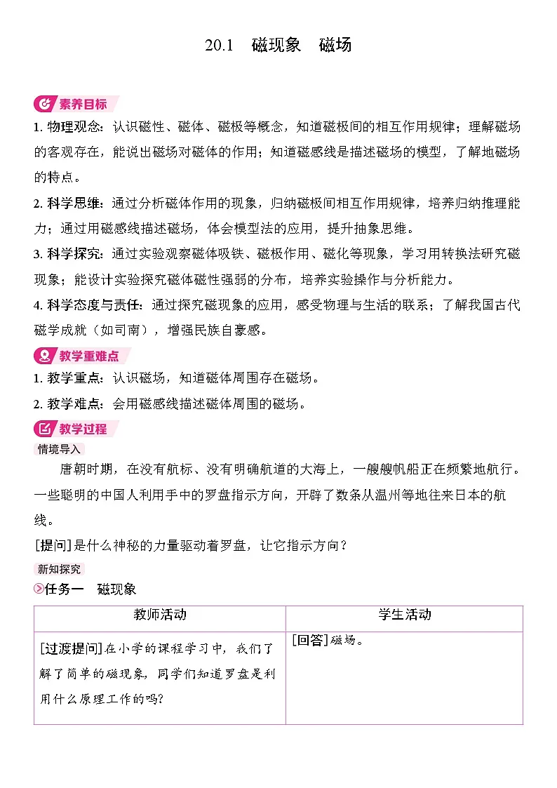 20.1 磁现象 磁场 教学设计 人教版物理九年级全一册第1页