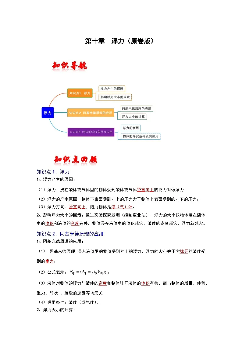 (人教版)中考物理一轮复习考点讲与练第十章 浮力(原卷版)第1页