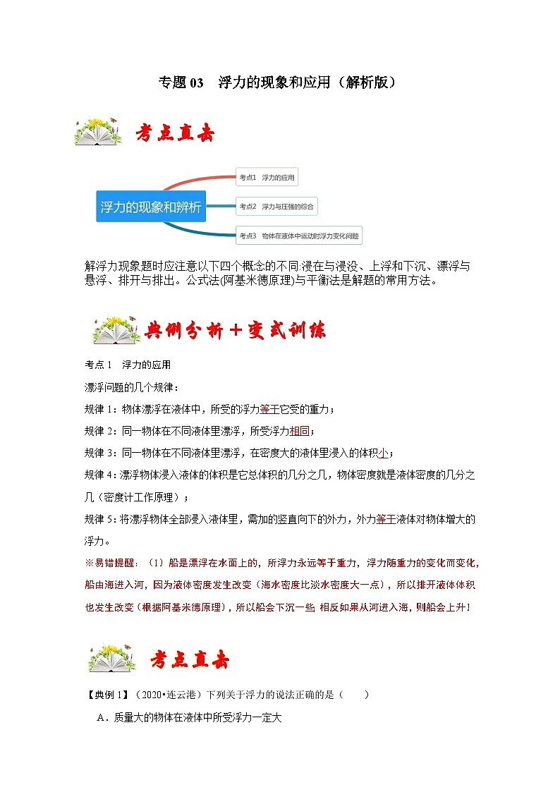 (人教版)八年级物理下册期末考点复习训练专题03 浮力的现象和应用(解析版)第1页