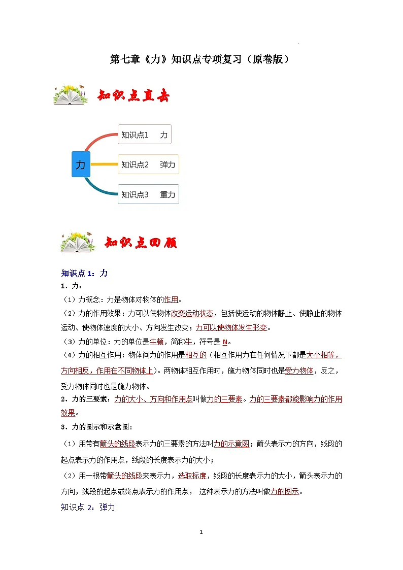 (人教版)八年级物理下册第七章《力》知识点专项复习(原卷版)第1页
