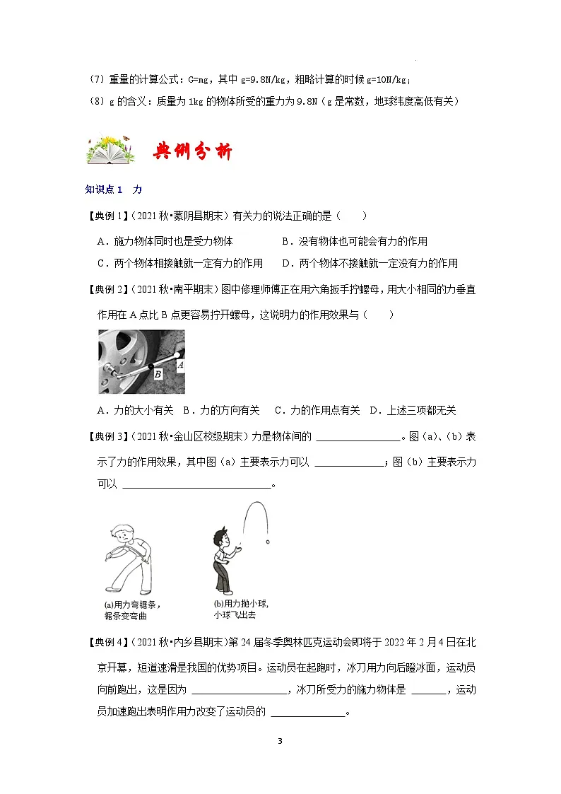 (人教版)八年级物理下册第七章《力》知识点专项复习(原卷版)第3页