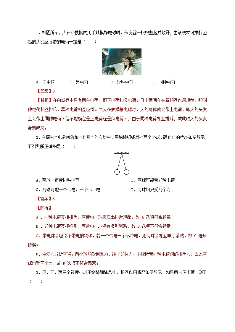 (人教版)九年级物理全一册同步考点讲练第1节 两种电荷(双基过关+考点突破)(解析版)第2页