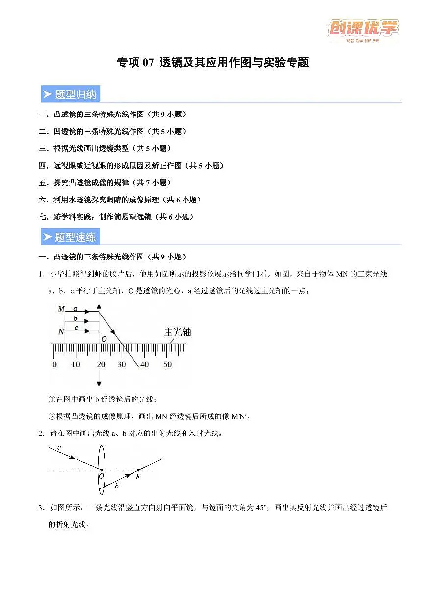【25八上】物理 备考重难点训练专题7 透镜及其应用作图与实验专题(原卷版)第1页