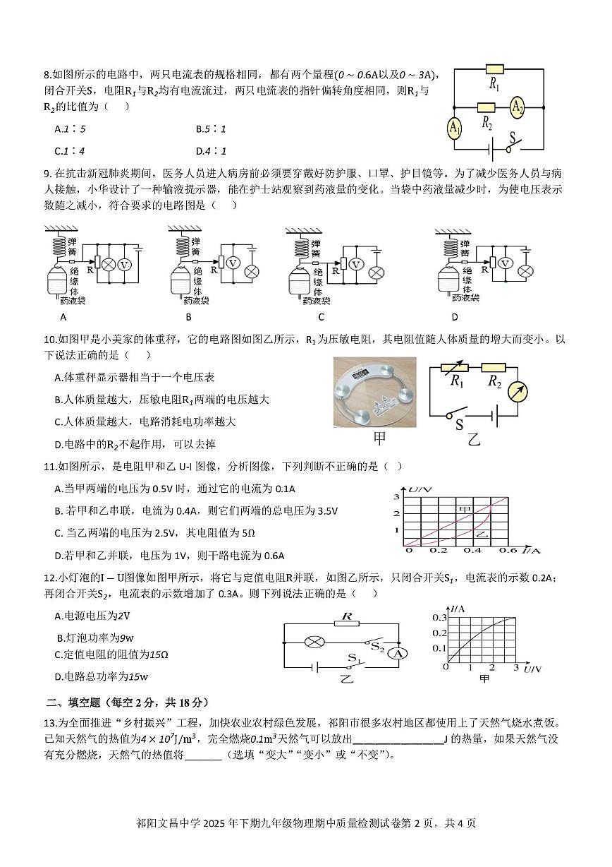 湖南省永州市祁阳文昌中学2025-2026学年上学期期中质量检测九年级物理第2页