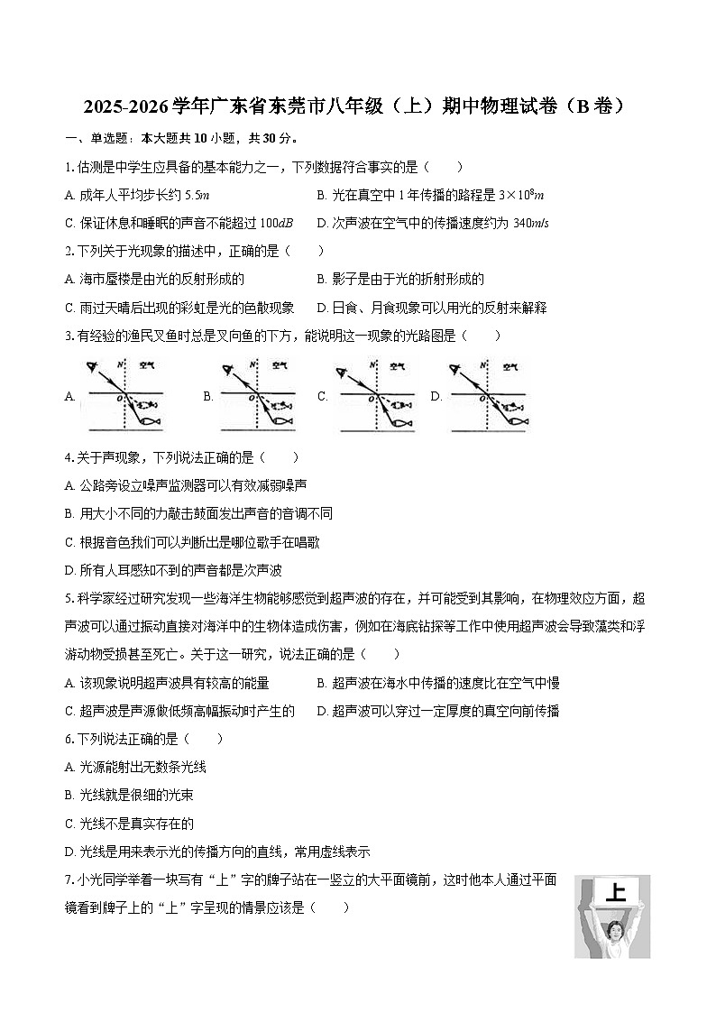 2025-2026学年广东省东莞市八年级(上)期中物理试卷(B卷)-自定义类型第1页