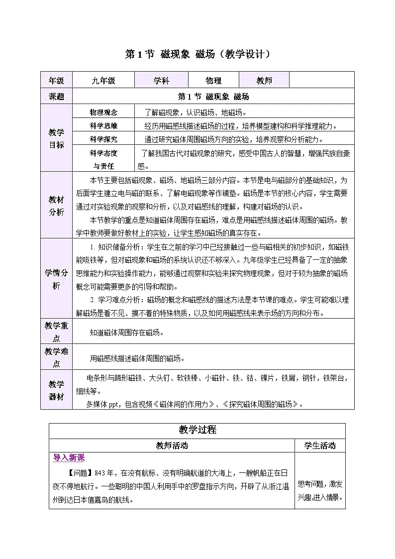 教学设计:人教版2024初中物理九年级20-1 磁现象 磁场第1页