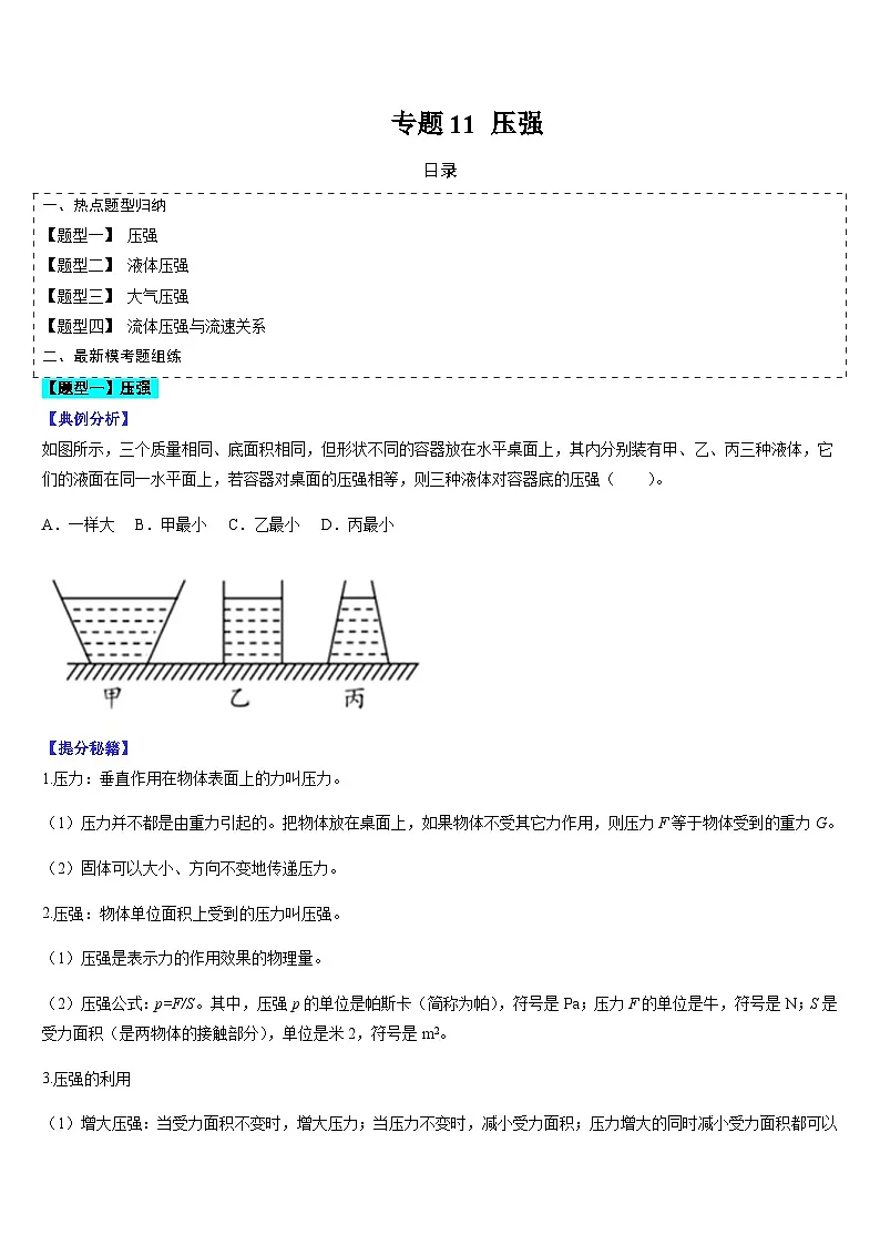 中考物理二轮复习考点题型归纳与变式演练专题11 压强(原卷版)第1页