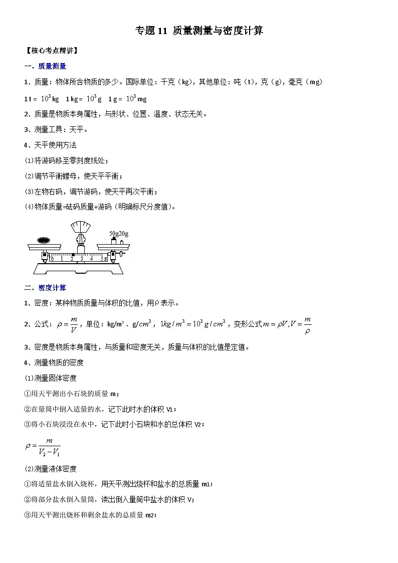 中考物理二轮复习考点精讲与题型精练专题11 质量测量与密度计算(解析版)第1页