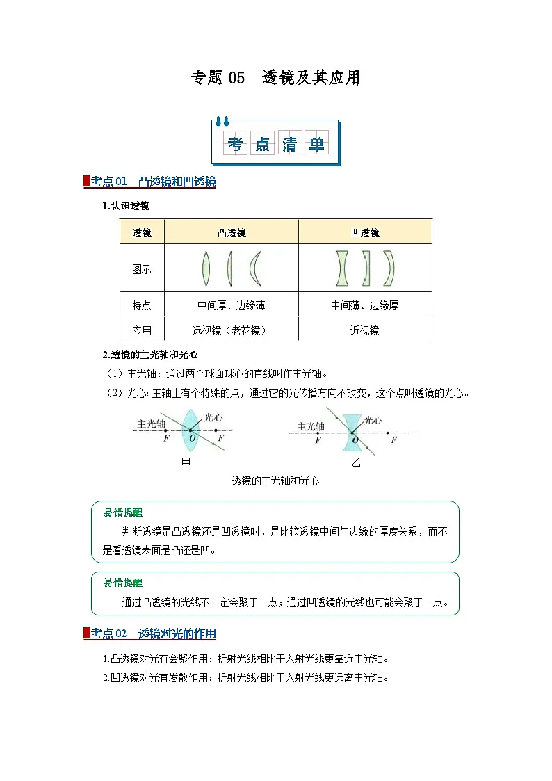 八上物理人教版2024期末复习 专题05 透镜及其应用(word)知识点+习题(解析版)第1页