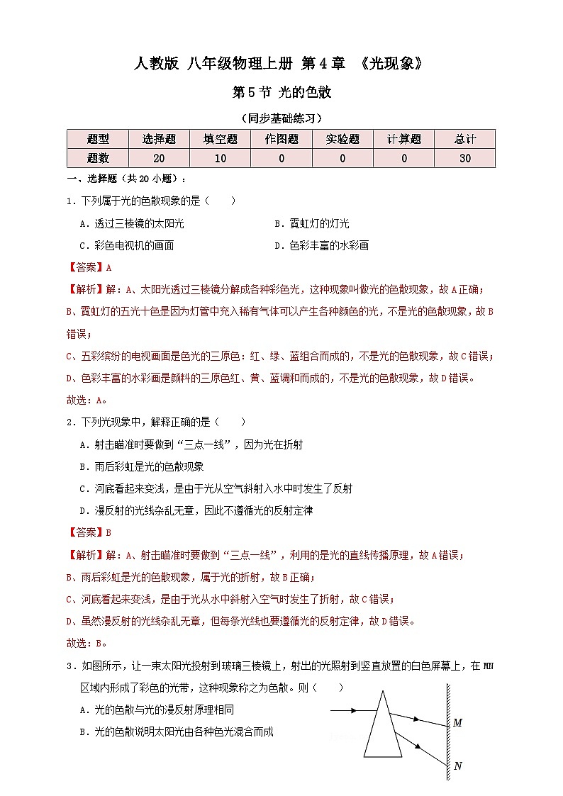 (人教版)八年级物理上册同步讲与练4.5光的色散(同步练习)解析版第1页