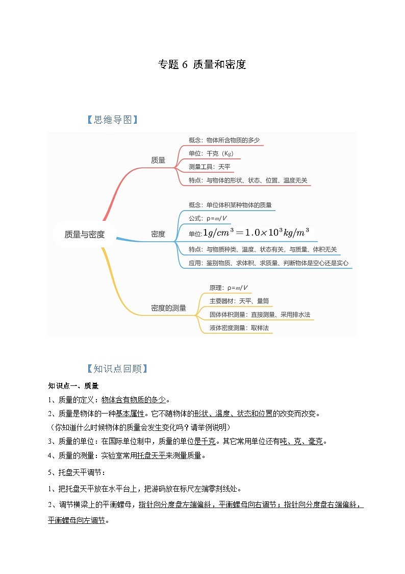 中考物理一轮复习考点讲与练专题6 质量和密度(原卷版)第1页