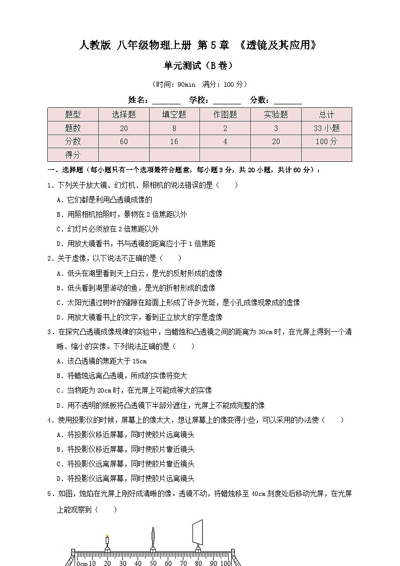 (人教版)八年级物理上册同步考点讲与练5.6第5章《透镜及其应用》单元测试练习(B卷)原卷版第1页