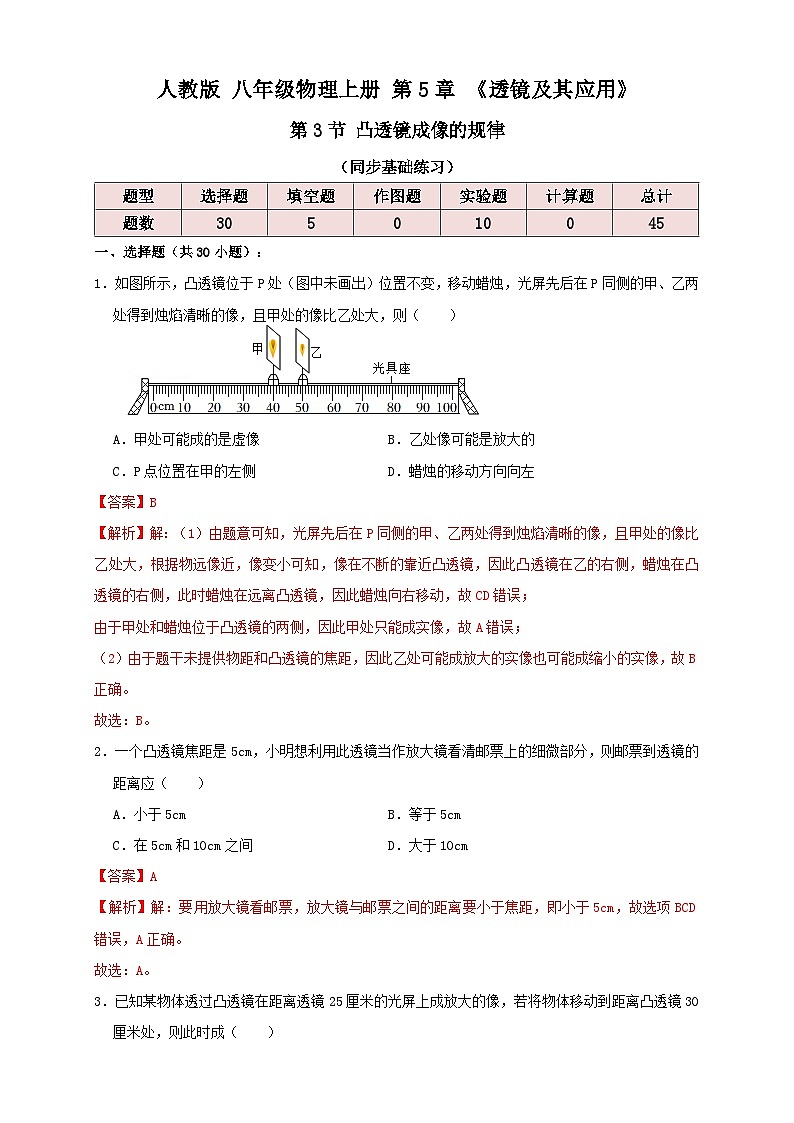 (人教版)八年级物理上册同步考点讲与练5.3凸透镜成像的规律(同步练习)解析版第1页