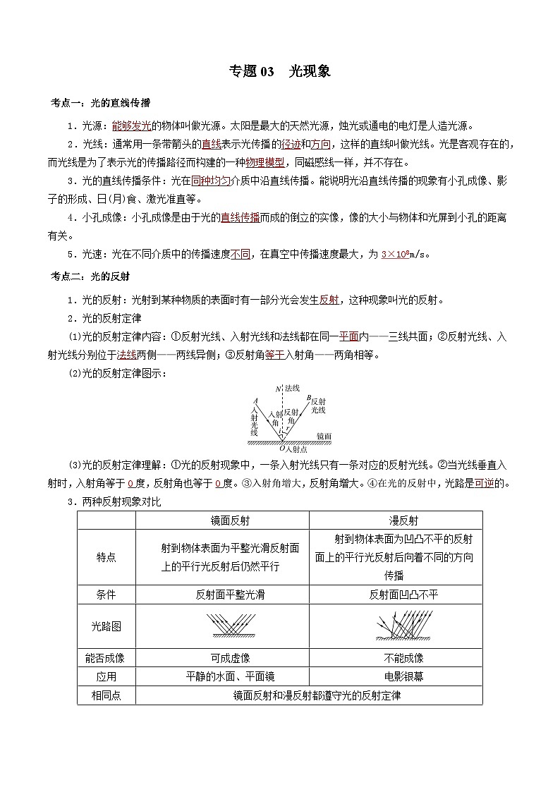 中考物理一轮复习基础巩固讲义专题03 光现象 (解析版)第1页