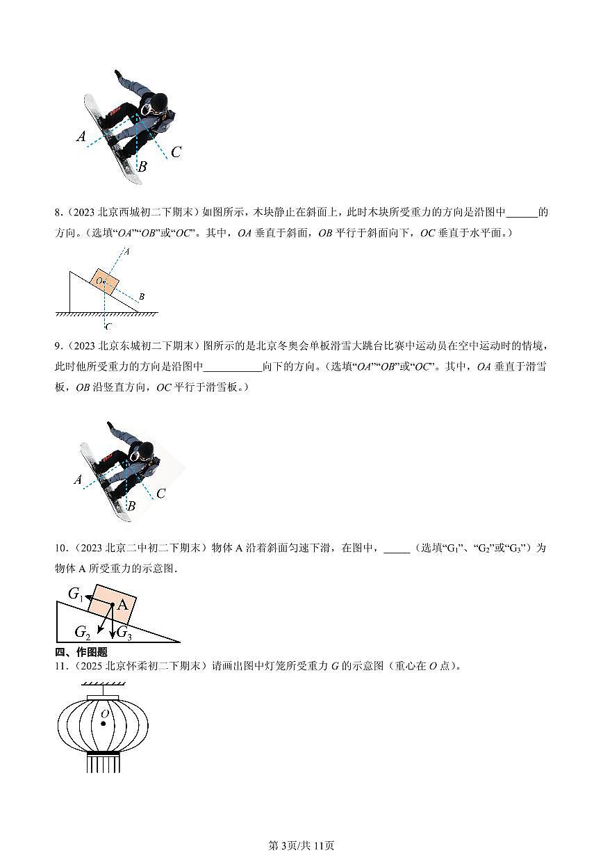 2023-2025北京初二(下)期末物理汇编:重力(北师大版)第3页