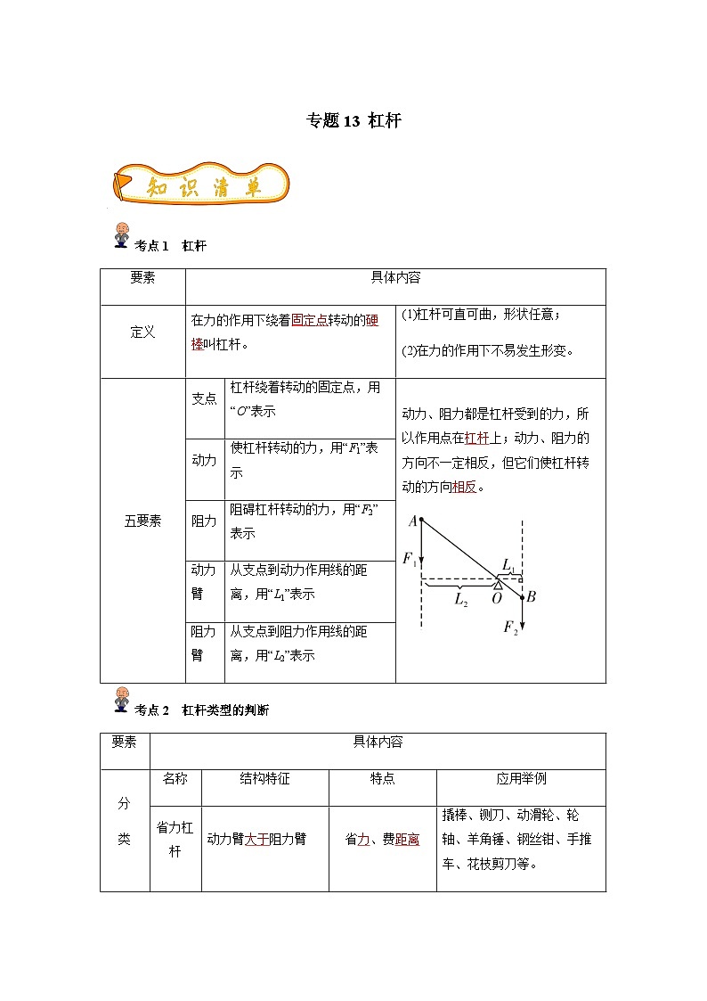 中考物理一轮复习考点精练(基础+提升)专题13 杠杆(解析版)第1页
