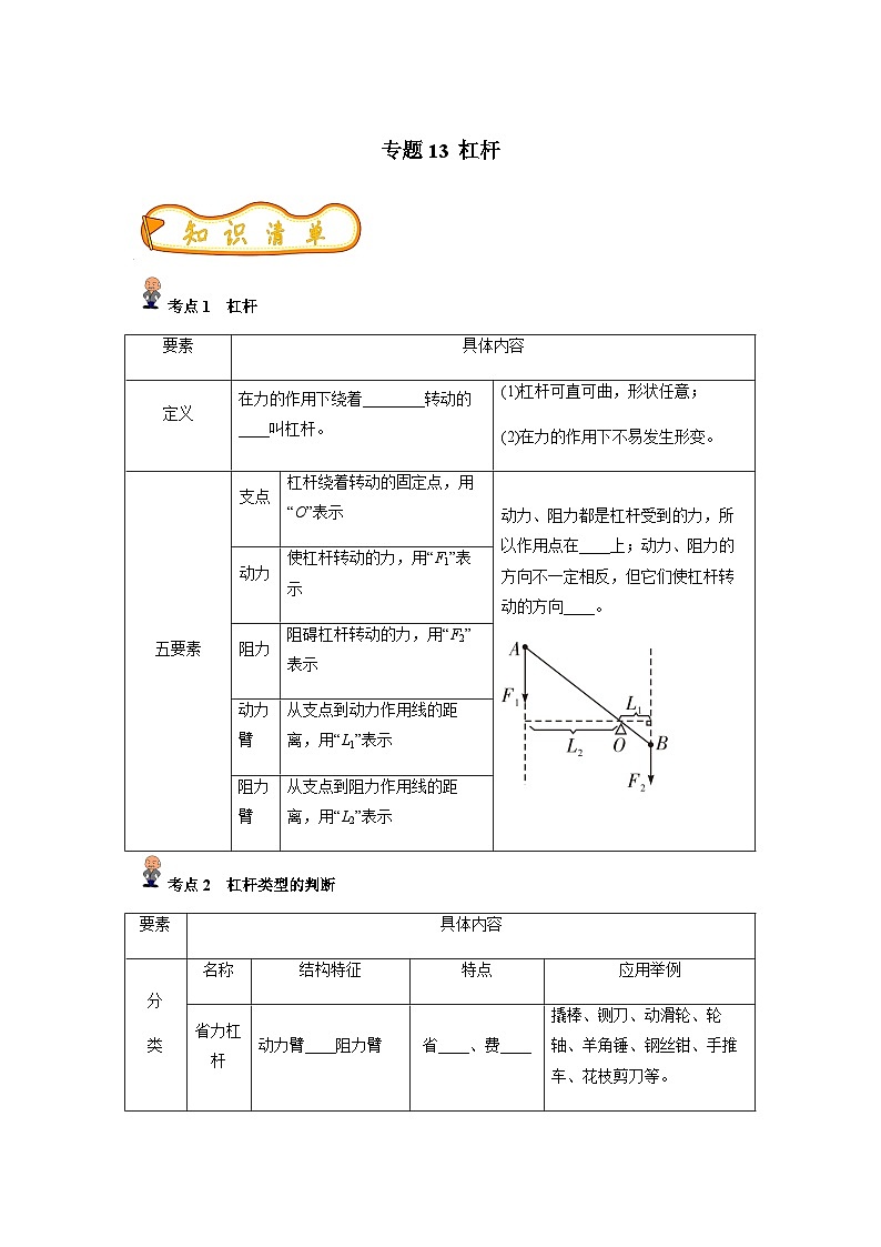 中考物理一轮复习考点精练(基础+提升)专题13 杠杆(原卷版) 第1页