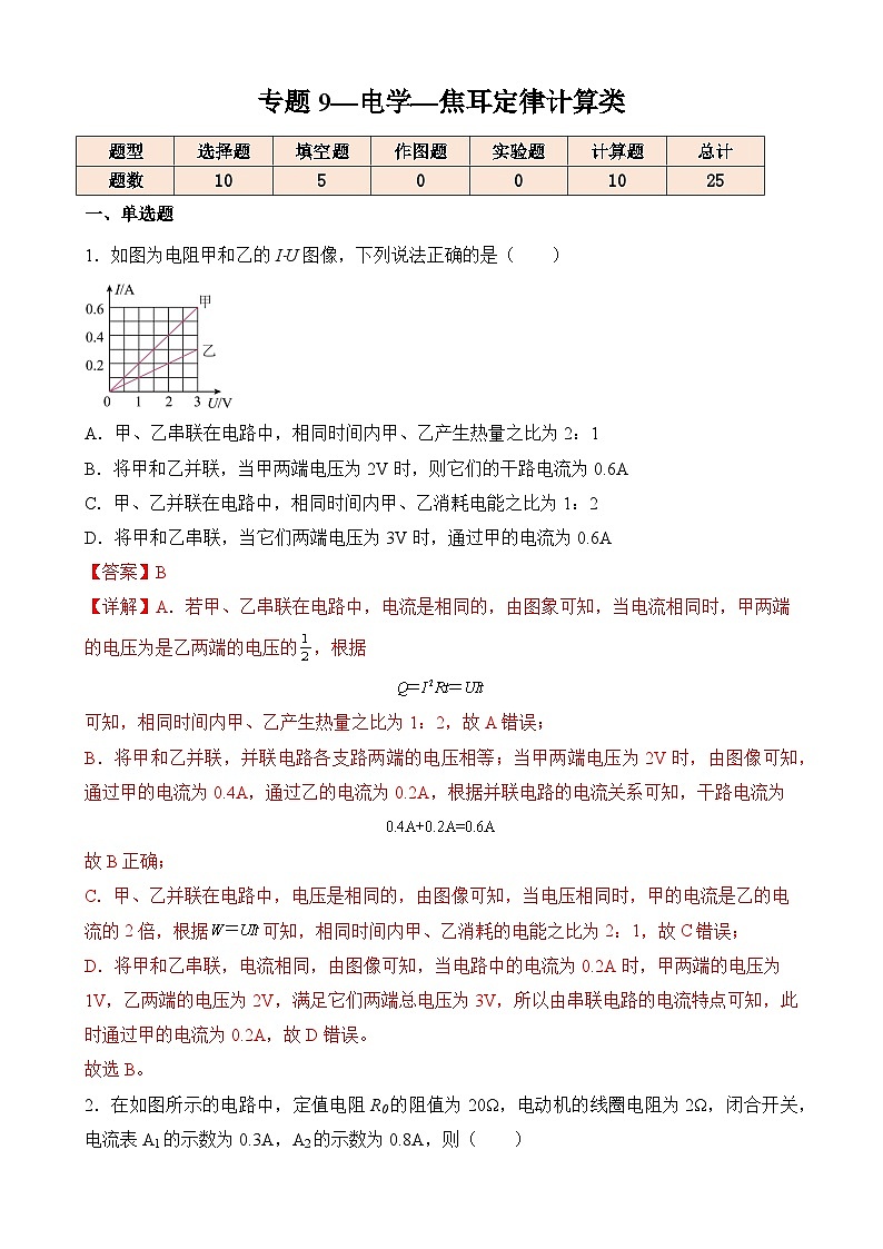 中考物理一轮复习计算题专项练习专题9—电学—焦耳定律计算类(解析版)第1页