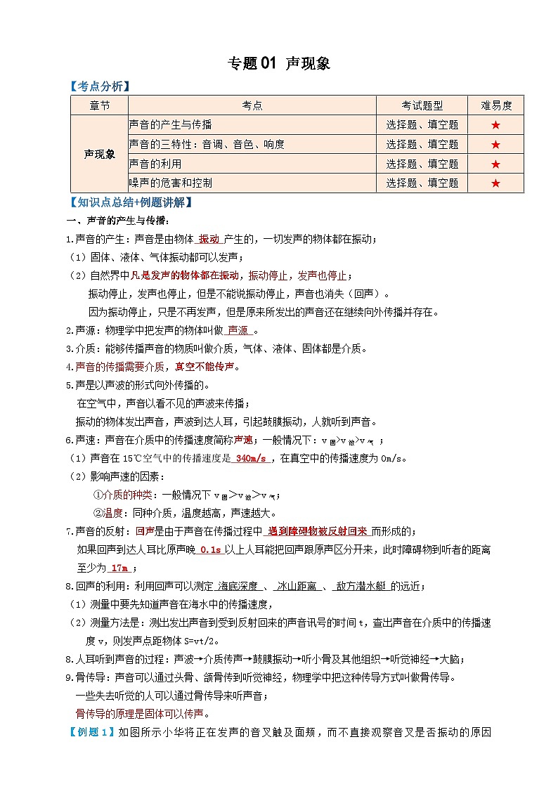 中考物理一轮复习考点精讲+过关练习专题01声现象 (解析版)第1页