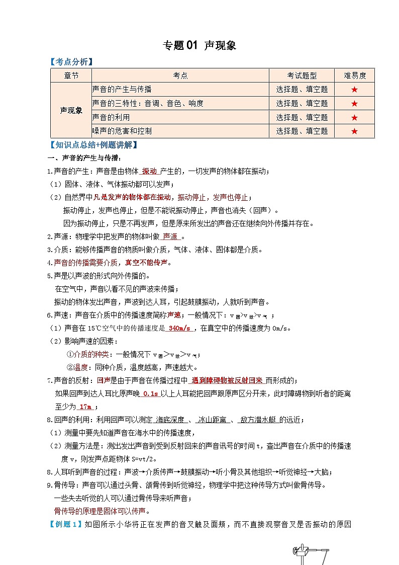中考物理一轮复习考点精讲+过关练习专题01声现象 (原卷版)第1页