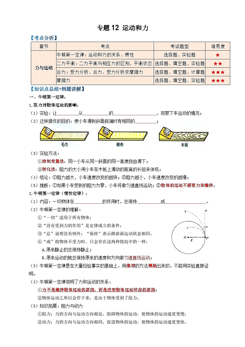 中考物理一轮复习考点精讲+过关练习专题12运动和力 (原卷版)第1页