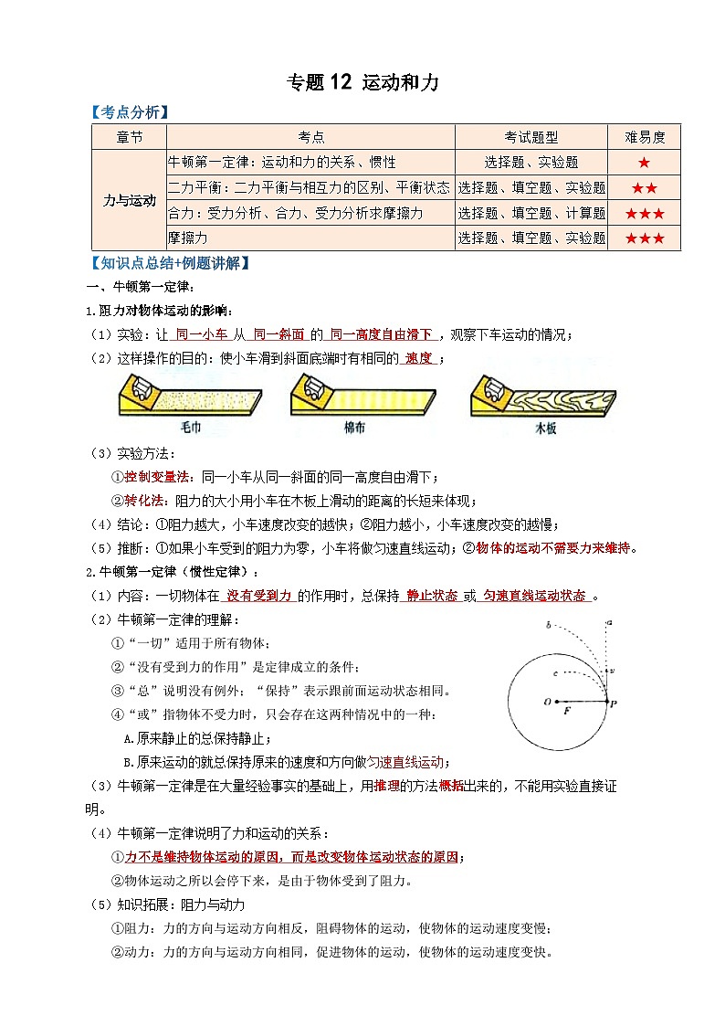 中考物理一轮复习考点精讲+过关练习专题12运动和力 (解析版)第1页