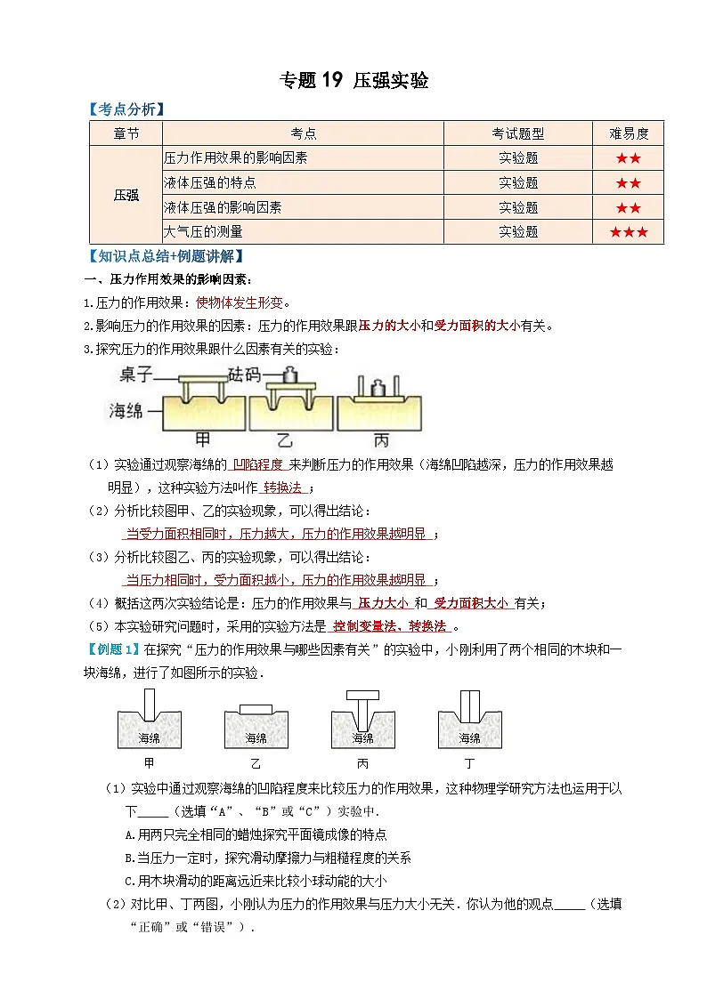 中考物理一轮复习考点精讲+过关练习专题19压强实验 (解析版)第1页
