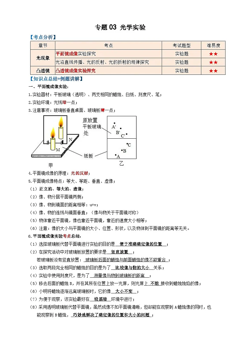 中考物理一轮复习考点复习专题03光学实验(知识点复习+例题讲解+过关练习) (解析版)第1页