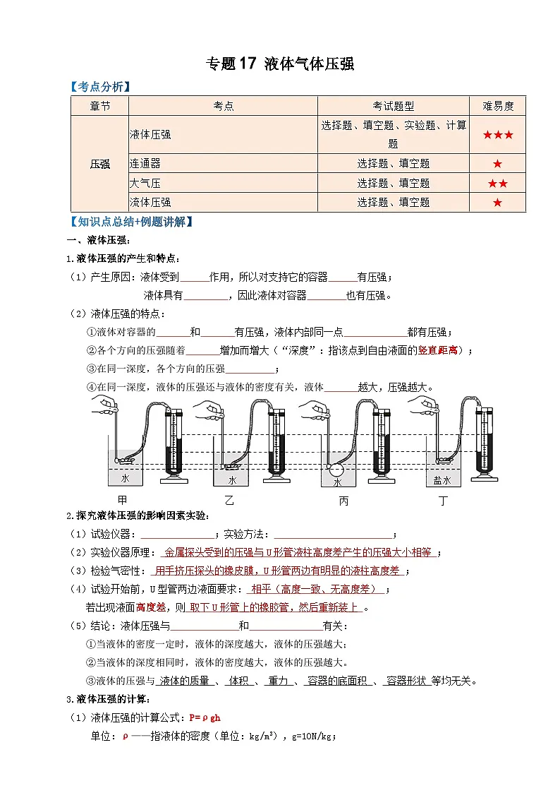 中考物理一轮复习考点复习专题17液体气体压强(知识点复习+例题讲解+过关练习) (原卷版)第1页