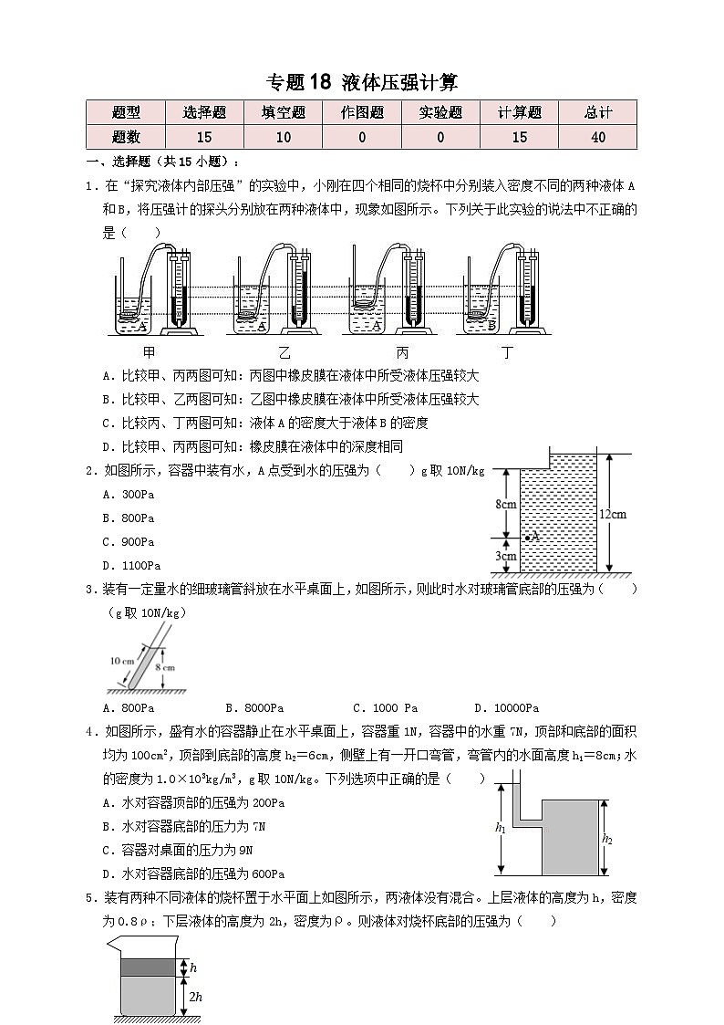 中考物理一轮复习考点复习专题18液体压强计算(知识点复习+例题讲解+过关练习) (原卷版)第1页