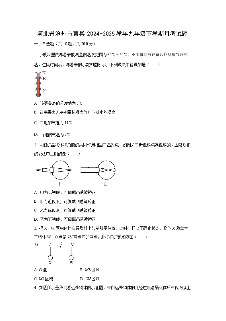 河北省沧州市青县2024-2025学年九年级下学期3月月考物理试卷(学生版)第1页