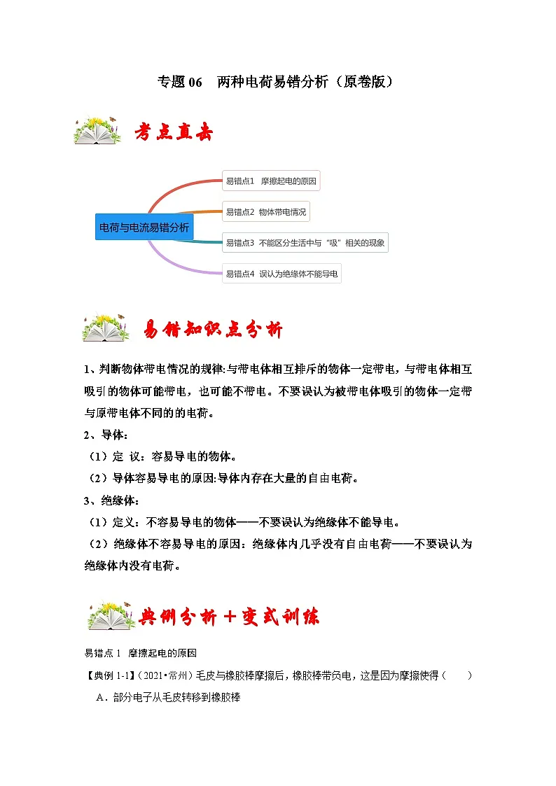 (人教版)九年级上册期末复习练习专题06 两种电荷易错分析(原卷版)第1页