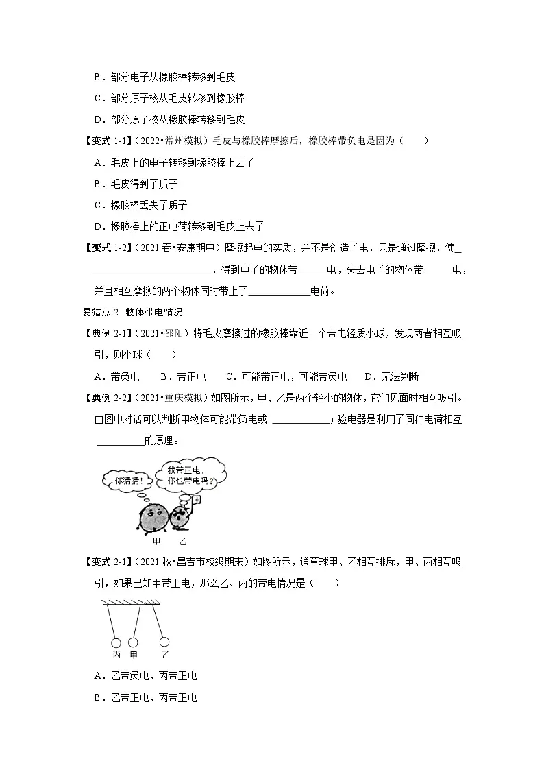 (人教版)九年级上册期末复习练习专题06 两种电荷易错分析(原卷版)第2页