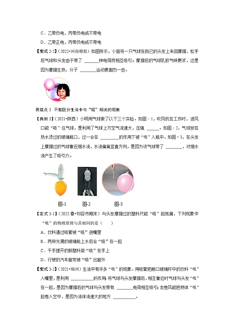 (人教版)九年级上册期末复习练习专题06 两种电荷易错分析(原卷版)第3页