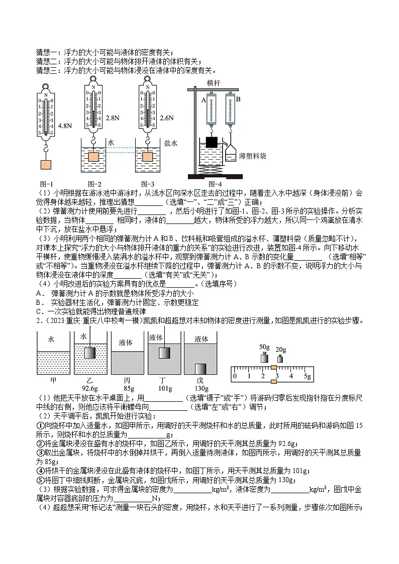 中考物理二轮专题培优训练压轴题05 浮力与测密度、其他物理实验(解析版)第3页