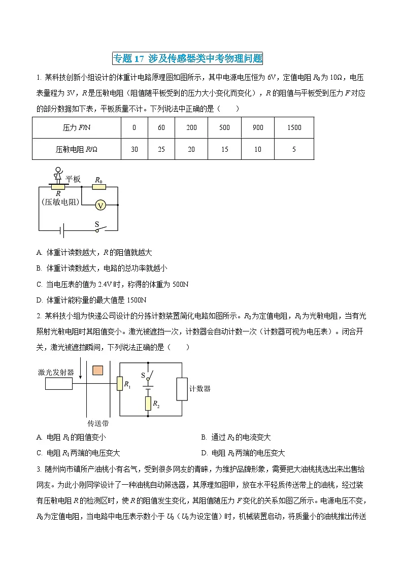 中考物理三轮冲刺练习专题17 涉及传感器类中考物理问题(原卷版) 第1页