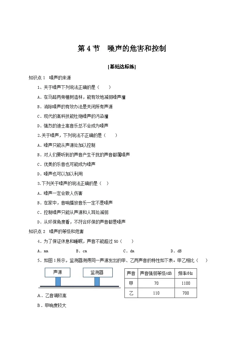 (人教版)八年级物理上册同步考点讲与练第4节 噪声的危害和控制(分层作业)(原卷版)第1页