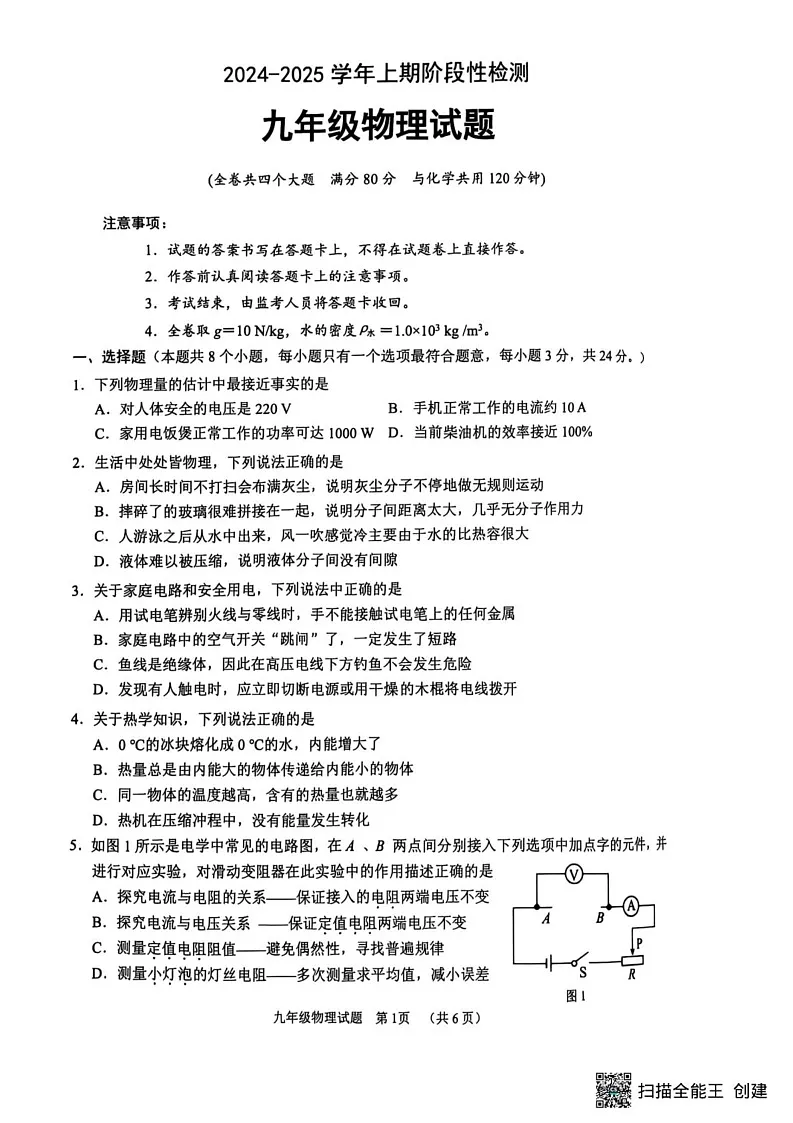 重庆市2024-2025学年九年级上学期1月期末物理试题第1页