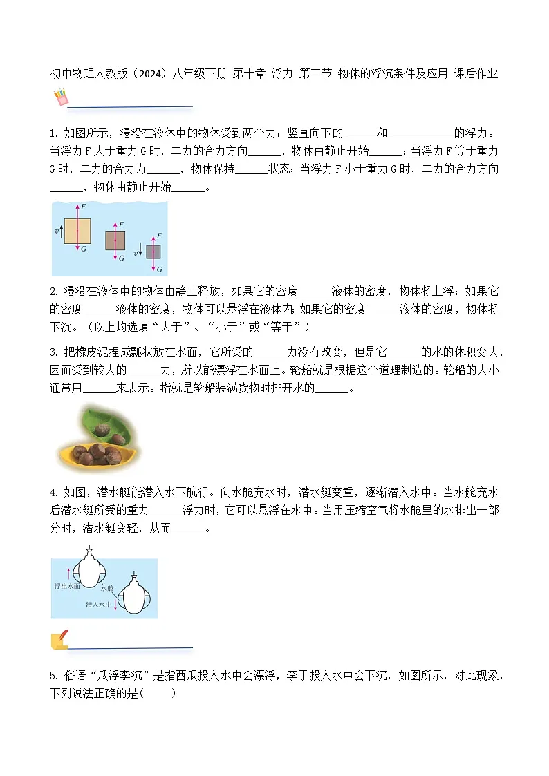 初中物理人教版(2024)八年级下册 第十章 浮力 第三节 物体的浮沉条件及应用 课后作业第1页