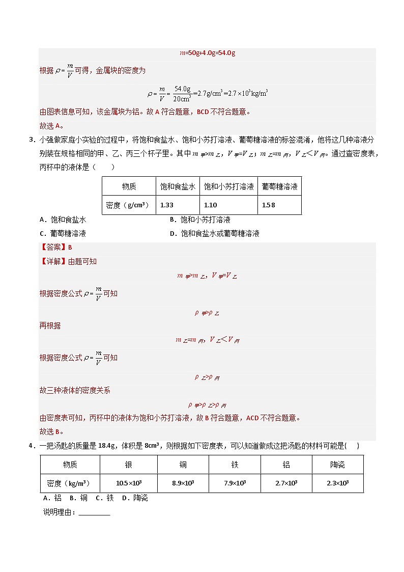 第4节 密度的应用(重难点精练)初中物理人教版(2024)八年级上册 第六章 质量与密度(解析版)第2页