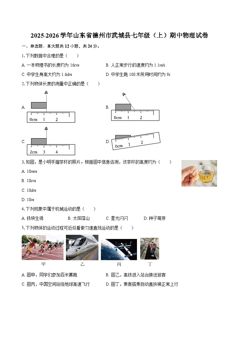 2025-2026学年山东省德州市武城县七年级(上)期中物理试卷-自定义类型第1页