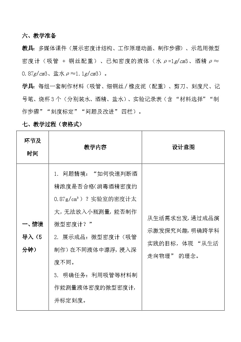 人教版(2024)八年级下册物理第十章第四节《跨学科实践:制作微型密度计》教案第3页