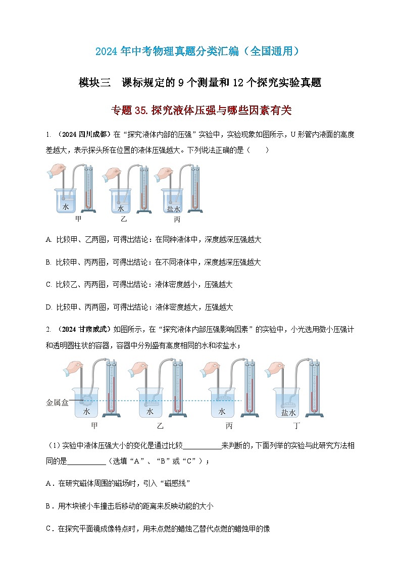 2024年中考物理真题分类汇编——探究液体压强与哪些因素有关(含答案)第1页