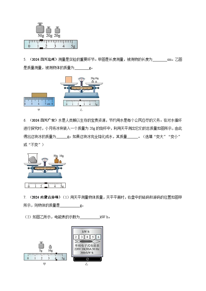 2024年中考物理真题分类汇编——用托盘天平测量物体的质量(含答案)第2页