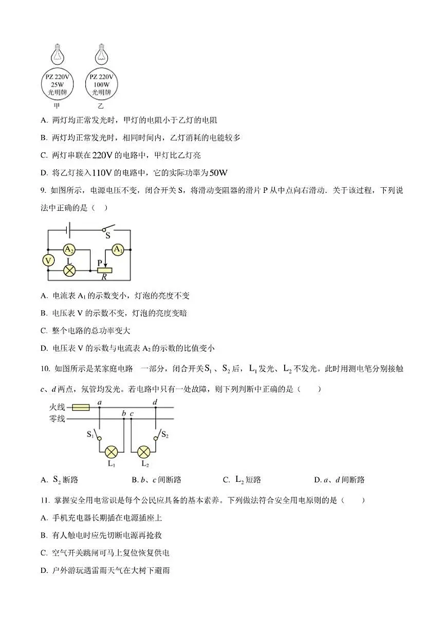 河北省石家庄市第四十二中学2025-2026学年九年级上学期期末考试物理试题(含答案)第3页